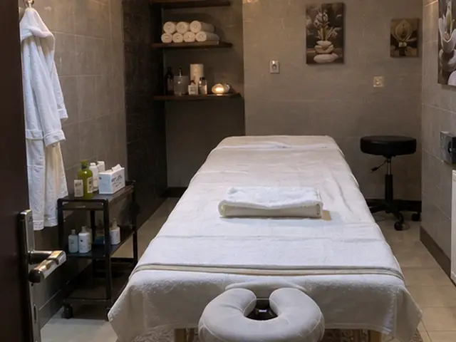 Raflarında havlu duran, bornozlu masaj odası — Kirazlı, Masaj Salonun